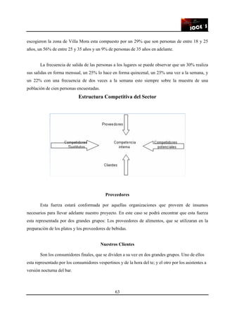 63
escogieron la zona de Villa Mora esta compuesto por un 29% que son personas de entre 18 y 25
años, un 56% de entre 25 y 35 años y un 9% de personas de 35 años en adelante.
La frecuencia de salida de las personas a los lugares se puede observar que un 30% realiza
sus salidas en forma mensual, un 25% lo hace en forma quincenal, un 23% una vez a la semana, y
un 22% con una frecuencia de dos veces a la semana esto siempre sobre la muestra de una
población de cien personas encuestadas.
Estructura Competitiva del Sector
Proveedores
Esta fuerza estará conformada por aquellas organizaciones que proveen de insumos
necesarios para llevar adelante nuestro proyecto. En este caso se podrá encontrar que esta fuerza
esta representada por dos grandes grupos: Los proveedores de alimentos, que se utilizaran en la
preparación de los platos y los proveedores de bebidas.
Nuestros Clientes
Son los consumidores finales, que se dividen a su vez en dos grandes grupos. Uno de ellos
esta representado por los consumidores vespertinos y de la hora del te; y el otro por los asistentes a
versión nocturna del bar.
 