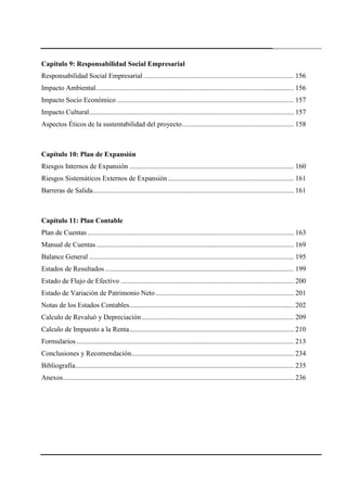 7
Capítulo 9: Responsabilidad Social Empresarial
Responsabilidad Social Empresarial ...................................................................................... 156
Impacto Ambiental................................................................................................................. 156
Impacto Socio Económico ..................................................................................................... 157
Impacto Cultural..................................................................................................................... 157
Aspectos Éticos de la sustentabilidad del proyecto................................................................ 158
Capítulo 10: Plan de Expansión
Riesgos Internos de Expansión .............................................................................................. 160
Riesgos Sistemáticos Externos de Expansión ........................................................................ 161
Barreras de Salida................................................................................................................... 161
Capítulo 11: Plan Contable
Plan de Cuentas ...................................................................................................................... 163
Manual de Cuentas................................................................................................................. 169
Balance General ..................................................................................................................... 195
Estados de Resultados ............................................................................................................ 199
Estado de Flujo de Efectivo ................................................................................................... 200
Estado de Variación de Patrimonio Neto ............................................................................... 201
Notas de los Estados Contables.............................................................................................. 202
Calculo de Revaluó y Depreciación....................................................................................... 209
Calculo de Impuesto a la Renta.............................................................................................. 210
Formularios ............................................................................................................................ 213
Conclusiones y Recomendación............................................................................................. 234
Bibliografía............................................................................................................................. 235
Anexos.................................................................................................................................... 236
 