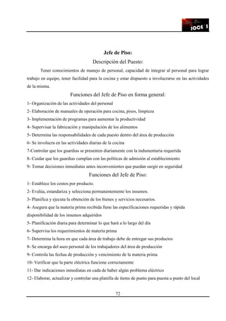 72
Jefe de Piso:
Descripción del Puesto:
Tener conocimientos de manejo de personal, capacidad de integrar al personal para lograr
trabajo en equipo, tener facilidad para la cocina y estar dispuesto a involucrarse en las actividades
de la misma.
Funciones del Jefe de Piso en forma general:
1- Organización de las actividades del personal
2- Elaboración de manuales de operación para cocina, pisos, limpieza
3- Implementación de programas para aumentar la productividad
4- Supervisar la fabricación y manipulación de los alimentos
5- Determina las responsabilidades de cada puesto dentro del área de producción
6- Se involucra en las actividades diarias de la cocina
7-Controlar que los guardias se presenten diariamente con la indumentaria requerida
8- Cuidar que los guardias cumplan con las políticas de admisión al establecimiento
9- Tomar decisiones inmediatas antes inconvenientes que puedan surgir en seguridad
Funciones del Jefe de Piso:
1- Establece los costos por producto.
2- Evalúa, estandariza y selecciona permanentemente los insumos.
3- Planifica y ejecuta la obtención de los bienes y servicios necesarios.
4- Asegura que la materia prima recibida llene las especificaciones requeridas y rápida
disponibilidad de los insumos adquiridos
5- Planificación diaria para determinar lo que hará a lo largo del día
6- Supervisa los requerimientos de materia prima
7- Determina la hora en que cada área de trabajo debe de entregar sus productos
8- Se encarga del aseo personal de los trabajadores del área de producción
9- Controla las fechas de producción y vencimiento de la materia prima
10- Verificar que la parte eléctrica funcione correctamente
11- Dar indicaciones inmediatas en cada de haber algún problema eléctrico
12- Elaborar, actualizar y controlar una planilla de ítems de punto para puesta a punto del local
 