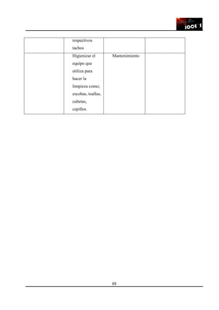 88
respectivos
tachos
Higienizar el
equipo que
utiliza para
hacer la
limpieza como;
escobas, toallas,
cubetas,
cepillos
Mantenimiento
 