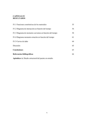 x
CAPÍTULO IV
RESULTADOS
IV.1 Funciones constitutivas de los materiales 55
IV.2 Diagrama de interacción en función del tiempo 56
IV.3 Diagrama de momento-curvatura en función del tiempo 58
IV.4 Diagrama momento-rotación en función del tiempo 61
IV.5 Curvas de daño 64
Discusión 65
Conclusiones 65
Referencias bibliográficas 66
Apéndices A. Diseño estructural del puente en estudio.
 