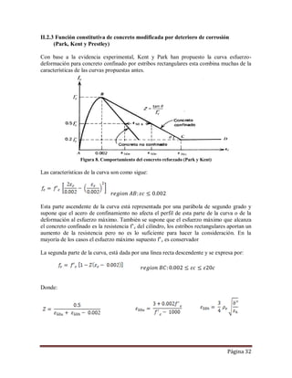 Página 32
II.2.3 Función constitutiva de concreto modificada por deterioro de corrosión
(Park, Kent y Prestley)
Con base a la evidencia experimental, Kent y Park han propuesto la curva esfuerzo-
deformación para concreto confinado por estribos rectangulares esta combina muchas de la
características de las curvas propuestas antes.
Figura 8. Comportamiento del concreto reforzado (Park y Kent)
Las características de la curva son como sigue:
Esta parte ascendente de la curva está representada por una parábola de segundo grado y
supone que el acero de confinamiento no afecta el perfil de esta parte de la curva o de la
deformación al esfuerzo máximo. También se supone que el esfuerzo máximo que alcanza
el concreto confinado es la resistencia f’c del cilindro, los estribos rectangulares aportan un
aumento de la resistencia pero no es lo suficiente para hacer la consideración. En la
mayoría de los casos el esfuerzo máximo supuesto f’c es conservador
La segunda parte de la curva, está dada por una línea recta descendente y se expresa por:
Donde:
 