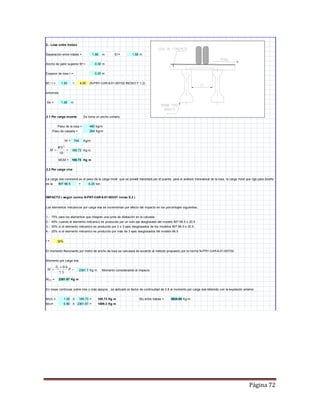 Página 72
2.- Losa entre trabes
Separación entre trabes = m S1= m
Ancho de patin superior Bf = m
Espesor de losa t = m
Bf / t = < (N-PRY-CAR-6-01-007/02 INCISO F.1.2)
entonces
Se = m
2.1 Por carga muerta Se toma un ancho unitario
Peso de la losa = kg/m
Peso de carpeta = Kg/m
W = Kg/m
Kg m
MCM = Kg m
2.2 Por carga viva
La carga viva consistirá en el peso de la carga móvil que se preveé transitará por el puente, para el análisis transversal de la losa, la carga móvil que rige para diseño
es la = ton
IMPACTO ( según norma N-PRY-CAR-6-01-003/01 inciso E.2 )
Los elementos mécanicos por carga viva se incrementan por efecto del impacto en los porcentajes siguientes:
1.- 75% para los elementos que integren una junta de dilatación en la calzada.
2.- 40% cuando el elemento mécanico es producido por un solo eje desglosado del modelo IMT 66.5 o 20.5
3.- 30% si el elemento mécanico es producido por 2 o 3 ejes desglosados de los modelos IMT 66.5 o 20.5
4.- 25% si el elemento mécanico es producido por más de 3 ejes desglosados del modelo 66.5
I =
El momento flexionante por metro de ancho de losa se calculará de acuerdo al método propuesto por la norma N-PRY-CAR-6-01-007/02.
Momento por carga viva
Kg m Momento considerando el impacto
MCV = Kg m
En losas continuas sobre tres o más apoyos , se aplicará un factor de continuidad de 0.8 al momento por carga viva obtenido con la expresión anterior.
Mcm = X = Kg m Mu entre trabes = Kg-m
Mcv= X = Kg m
480
2361.7
2361.67
2361.67
IMT 66.5 6.25
185.73
264
185.73
1.00 185.73 185.73
1889.30.80
1.58
3925.65
1.88
744
0.30
0.20
1.50 4.00
30%
1.58

10
2
WS
M


 P
S
M e
5.7
6.0
 