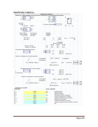 Página 80
DISEÑO DE CABEZAL:
Diseño de cabezal, proporcionando la sección transversal y los momentos flexionantes
f'c= 250 kg/cm2
. B= 150 cm
fy= 4200 kg/cm2
. H= 120 cm
F.C.= 1 rec= 2.865 cm
L= 470 cm
d= 117.14 cm
Concreto:
Clase= 1 NO
E= 221359 Kg/cm2
M(+)= 87.03 T*m
M(-)= 128.05 T*m
V= 172.56 Ton
Mu(+)= 87.03 T*m=kg*cm=
Mu(-)= 128.05 Ton=kg*cm=
Vu= 172.56 Ton=Kg=
Mu(+)/bd2
= 4.23 ρ= 0.0029 0.015 OK
Mu(-)/bd2
= 6.22 ρ= 0.0033 OK
con #4 con #5 con #6
50.95 cm2
40.1 25.7 17.9
57.981825 cm2
45.7 29.3 20.3
Proponiendo para el momento positivo:
4 V's# 6 as= 2.85 cm2
y 4 V's# 6 2.85 cm2
As= 22.8 cm2
propon otra
Revision considerando el armado propuesto:
ρ= 0.001297648
q= 0.032059539
80
99.33 T*m Mu= 87.03 T*m 87.617 %
100
5 V's# 6 as= 2.85 cm2
y 4 V's# 6 2.85 cm2
En lechos sup. 4 V's# 6 2.85 cm2
As= 37.05 cm2
propon otra
ρ= 0.002108678
q= 0.052096751
80
159.77 T*m Mu(-)= 128.05 T*m 80.145 %
100
CORTANTE 8.16.6.1 AASHTO
Vu = ton Cortante último
av = cm2
Área del estribo
NL = Número de ramas
avt = cm2
Área total de acero transversal
 = Factor de resistencia a cortante
VCR = ton Cortante resistente por el concreto
S = cm Separación de estribos
VSR = ton Cortante resistente por el acero
VR = ton Cortante resistente por el concreto y el acero
 = OK
Proponiendo para el momento negativo:
DISEÑO DE CABEZAL
D.f o area conurbada=
8703300
12805000
172560
Propuestas
Número de varillas
Asreq(+)=
Asreq(-)=
0.22595296
buena eficiencia
Revision considerando el armado propuesto:
0.24217356
buena eficiencia
Revisión por cortante:
172.56
0.71
4
2.84
0.85
125.15
15
79.17
204.33
0.84
 )202.0( r
 cfqqbdMR '')5.01(9.0 2
maxr
 )202.0( r
 cfqqbdMR '')5.01(9.0 2
 