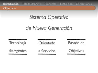 Introducción   Estado del Arte   Propuesta   Evaluación   Conclusiones
Objetivos


                    Sistema Operativo
                 de Nueva Generación

    Tecnología              Orientado              Basado en
    de Agentes             a Servicios             Objetivos
 