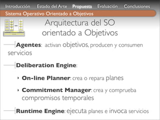 Introducción                                                         Estado del Arte   Propuesta   Evaluación   Conclusiones
            Sistema Operativo Orientado a Objetivos
                                                                                    Arquitectura del SO
            OS Agent              Agent                           Agent

            Knowledge            Knowledge                      Knowledge
              Base                 Base                           Base



             Services             Services                       Services
               Set                  Set                            Set



               Plan                Plan                            Plan
              Library             Library                         Library




                                                                                   orientado a Objetivos
              Goals                Goals                          Goals




            Commitment Manager                              On-line Planner
OS Kernel




                                     Deliberation Engine

                                           Runtime Engine




                                                        Agentes: activan objetivos, producen y consumen
                        servicios
                                                        Deliberation Engine:

                                                            ‣               On-line Planner: crea o repara planes
                                                            ‣               Commitment Manager: crea y comprueba
                                                                            compromisos temporales
                                                        Runtime Engine: ejecuta planes e invoca servicios
 