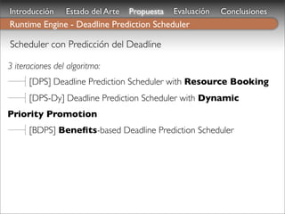 Introducción     Estado del Arte   Propuesta   Evaluación   Conclusiones
Runtime Engine - Deadline Prediction Scheduler

Scheduler con Predicción del Deadline

3 iteraciones del algoritmo:
      [DPS] Deadline Prediction Scheduler with Resource Booking
      [DPS-Dy] Deadline Prediction Scheduler with Dynamic
Priority Promotion
      [BDPS] Beneﬁts-based Deadline Prediction Scheduler
 