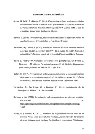 67
REFERENCIAS BIBLIOGRAFÍCAS
Acosta, R; Jadán, A y Garzón, P. (2015). Parasitosis y factores de riesgo asociados
en niños menores de 2 años de edad que acuden a la consulta externa de
La Fundación Pablo Jaramillo. Marzo-agosto 2014. Cuenca 2015. (Tesis de
maestría). Universidad de Cuenca, México.
Barone, V. (2014). Prevalencia de parasitosis intestinales en la población infantil de
capilla del sauce. Universidad de la República, Uruguay.
Benavides, R y Chulde, A. (2012). Parasitosis intestinal en niños menores de cinco
años que acuden al centro de salud nº 1 de la ciudad de Tulcán de enero a
julio del 2007. (Tesis de maestría). Universidad Técnica del Norte, Ecuador.
Botero D, Restrepo M. Conceptos generales sobre parasitología. En: Botero D,
Restrepo M, editores. Parasitosis humanas. 5º ed. Medellín: Corporación
para Investigaciones Biológicas; 2012. pp. 3-34.
Callari, H. (2017). Prevalencia de enteroparasitosis humana y sus características
clínicas en la zona urbano-marginal del distrito Cuidad Nueva. 2017. (Tesis
de maestría). Universidad Nacional Jorge Basadre Grohmann, Perú.
Hernández, R., Fernández, C. y Baptista, P. (2014). Metodología de la
investigación. México D. F.: Mc Graw-Hill.
Kerlinger y Lee (2002). Investigación del comportamiento en ciencias sociales.
Recuperado de:
https://psicologiaexperimental.files.wordpress.com/kerlinger-y-lee-cap-
1.pdf.
Núñez, G y Romero, K. (2013). Incidencia de la parasitosis en los niños de la
Escuela Fiscal Mixta General Julio Andrade, previa cloración del sistema
de agua de la parroquia de Ilapo, Cantón Guano, provincia de Chimborazo,
 