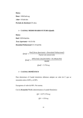 95
Datos:
Dma= 180lt/hab/seg
∆dm= 1lt/hab/año
Período de diseño(n)=25 años
 CAUDAL MEDIO DIARIO FUTURO (Qmdf)
Datos:
Dmf =205lt/hab/dia
Área Aportante = 64.36 Há
Densidad Poblacional=35.18 hab/Há
Qmdf = 5.37lt/seg
 CAUDAL DOMÉSTICO
Para determinar el Caudal doméstico debemos adoptar un valor de C que se
encuentra entre el 60% y el 80%
Escogemos el valor de 80% Por norma.
Con la (Ecuación VI.12.) determinamos el caudal Doméstico
Qd = 0.8*5.37lt/seg
Qd = 4.3lt/seg
 