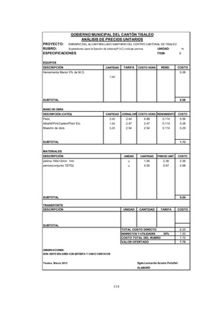 114
GOBIERNO MUNICIPAL DEL CANTÓN TISALEO
ANÁLISIS DE PRECIOS UNITARIOS
PROYECTO: EMISARIO DEL ALCANTARILLADO SANITARIO DEL CENTRO CANTONAL DE TISALEO
RUBRO: Sujetadores para la fijación de tuberia(P.V.C) incluye pernos UNIDAD: m
ESPECIFICACIONES ÍTEM: 9
EQUIPOS
DESCRIPCIÓN CANTIDAD TARIFA COSTO HORA REND. COSTO
Herramienta Menor 5% de M.O. 0.08
1.00
SUBTOTAL 0.08
MANO DE OBRA
DESCRIPCIÓN (CATEG) CANTIDAD JORNAL/HR COSTO HORA RENDIMIENTO COSTO
Peón 2.00 2.44 4.88 0.114 0.56
Albañil/Pint/Caden/Plom Etc 1.00 2.47 2.47 0.114 0.28
Maestro de obra 0.20 2.54 2.54 0.114 0.29
SUBTOTAL 1.13
MATERIALES
DESCRIPCIÓN UNIDAD CANTIDAD PRECIO UNIT. COSTO
platina 100x12mm 1mt u 1.00 2.36 2.36
pernos(conjunto TZ/TQ) u 4.00 0.67 2.68
SUBTOTAL 5.04
TRANSPORTE
DESCRIPCIÓN UNIDAD CANTIDAD TARIFA COSTO
SUBTOTAL
TOTAL COSTO DIRECTO 6.25
INDIRECTOS Y UTILIDADES 24% 1.50
COSTO TOTAL DEL RUBRO 7.75
VALOR OFERTADO 7.75
OBSERVACIONES:
SON: SIETE DÓLARES CON SETENTA Y CINCO CENTAVOS
Tisaleo, Marzo 2012 Egdo.Leonardo Acosta Peñafiel
ELABORÓ
 