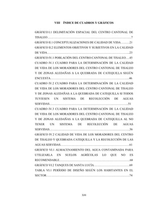 XIII
VIII ÍNDICE DE CUADROS Y GRÁFICOS
GRÁFICO I.1 DELIMITACIÓN ESPACIAL DEL CENTRO CANTONAL DE
TISALEO………………………………………………………………………….7
GRÁFICO II.1 CONCEPTUALIZACIONES DE CALIDAD DE VIDA………21
GRÁFICO II.2 ELEMENTOS OBJETIVOS Y SUBJETIVOS EN LA CALIDAD
DE VIDA………………………………………………………………………...23
GRÁFICO IV.1 POBLACIÓN DEL CENTRO CANTONAL DE TISALEO….45
CUADRO IV.1 CUADRO PARA LA DETERMINACIÓN DE LA CALIDAD
DE VIDA DE LOS MORADORES DEL CENTRO CANTONAL DE TISALEO
Y DE ZONAS ALEDAÑAS A LA QUEBRADA DE CATEQUILLA SEGÚN
ENCUESTA……………………………………………………………………..46
CUADRO IV.2 CUADRO PARA LA DETERMINACIÓN DE LA CALIDAD
DE VIDA DE LOS MORADORES DEL CENTRO CANTONAL DE TISALEO
Y DE ZONAS ALEDAÑAS A LA QUEBRADA DE CATEQUILLA SI TODOS
TUVIESEN UN SISTEMA DE RECOLECCIÓN DE AGUAS
SERVIDAS……………………………………………………………………..51
CUADRO IV.3 CUADRO PARA LA DETERMINACIÓN DE LA CALIDAD
DE VIDA DE LOS MORADORES DEL CENTRO CANTONAL DE TISALEO
Y DE ZONAS ALEDAÑAS A LA QUEBRADA DE CATEQUILLA AL NO
TENER UN SISTEMA DE RECOLECCIÓN DE AGUAS
SERVIDAS……..………………………………………………………………..56
GRÁFICO IV.2 CALIDAD DE VIDA DE LOS MORADORES DEL CENTRO
DE TISALEO Y QUEBRADA CATEQUILLA Y LA RECOLECCIÓN DE LAS
AGUAS SERVIDAS…………………………………………………………….61
GRÁFICO VI.1 ALMACENAMIENTO DEL AGUA CONTAMINADA PARA
UTILIZARLA EN SUELOS AGRÍCOLAS LO QUE NO ES
RECOMENDABLE………………………………………………………….…..68
GRÁFICO VI.2 TANQUES DE SANTA LUCÍA………………………………69
TABLA VI.1 PERÍODO DE DISEÑO SEGÚN LOS HABITANTES EN EL
SECTOR…………………………………………………………………………74
 