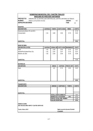 117
GOBIERNO MUNICIPAL DEL CANTÓN TISALEO
ANÁLISIS DE PRECIOS UNITARIOS
PROYECTO: EMISARIO DEL ALCANTARILLADO SANITARIO DEL CENTRO CANTONAL DE TISALEO
RUBRO: Relleno y compactado de zanja UNIDAD: m3
ESPECIFICACIONES ÍTEM: 11
EQUIPOS
DESCRIPCIÓN CANTIDAD TARIFA COSTO HORA REND. COSTO
Herramienta Menor 5% de M.O. 0.19
Compactador 1.00 3.00 3.00 0.15 0.45
SUBTOTAL 0.64
MANO DE OBRA
DESCRIPCIÓN (CATEG) CANTIDAD JORNAL/HR COSTO HORA RENDIMIENTO COSTO
Peón 1.00 2.44 2.44 0.15 0.37
Albañil/Pint/Caden/Plom Etc 1.00 2.47 2.47 0.15 0.37
Maestro de obra 1.00 2.54 2.54 0.15 0.38
SUBTOTAL 1.12
MATERIALES
DESCRIPCIÓN UNIDAD CANTIDAD PRECIO UNIT. COSTO
Agua m3 0.10 0.50 0.05
SUBTOTAL 0.05
TRANSPORTE
DESCRIPCIÓN UNIDAD CANTIDAD TARIFA COSTO
SUBTOTAL
TOTAL COSTO DIRECTO 1.81
INDIRECTOS Y UTILIDADES 24% 0.43
COSTO TOTAL DEL RUBRO 2.24
VALOR OFERTADO 2.24
OBSERVACIONES:
SON: DOS DÓLARES VEINTEY CUATRO CENTAVOS
Tisaleo, Marzo 2012 Egdo.Leonardo Acosta Peñafiel
ELABORÓ
12
 