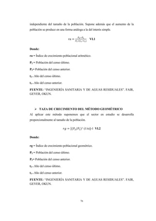 76
independiente del tamaño de la población. Supone además que el aumento de la
población se produce en una forma análoga a la del interés simple.
VI.1
Donde:
ra = Índice de crecimiento poblacional aritmético.
P2 = Población del censo último.
P1= Población del censo anterior.
t2 = Año del censo último.
t1 = Año del censo anterior.
FUENTE: “INGENIERÍA SANITARIA Y DE AGUAS RESIDUALES”. FAIR,
GEYER, OKUN.
 TAZA DE CRECIMIENTO DEL MÉTODO GEOMÉTRICO
Al aplicar este método suponemos que el sector en estudio se desarrolla
proporcionalmente al tamaño de la población.
2 ^ (1/n)]-1 VI.2
Donde:
rg = Índice de crecimiento poblacional geométrico.
P2 = Población del censo último.
P1= Población del censo anterior.
t2 = Año del censo último.
t1 = Año del censo anterior.
FUENTE: “INGENIERÍA SANITARIA Y DE AGUAS RESIDUALES”. FAIR,
GEYER, OKUN.
 
