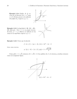 20 1. Gr´aﬁcos de funciones. Funciones biyectivas y funciones inversas
Ejemplo 1.2.4 Gr´aﬁco de la in-
versa de la funci´on f(x) = x2 para
x ≥ 0. El trazo grueso es la reﬂexi´on
del gr´aﬁco Gf respecto a y = x.
x2
√
x
Ejemplo 1.2.5 La hip´erbola h : IR−{0} → IR−
{0} dada por , h(x) = 1
x es su propia inversa.
Es decir, f−1 = f. Observe la reﬂexi´on de las
ramas de la hip´erbola respecto a y = x.
1
x
Ejemplo 1.2.6 Vimos que la funci´on
f : {x ≥ 1} → {y ≥ −4}, f(x) = 2x2
− 4x − 2
tiene como inversa
g : {y ≥ −4} → {x ≥ 1}, g(y) = 1 +
√
8 + 2y
2
Como g(0) = 1 +
√
2, entonces f(1 +
√
2) = 0. Los gr´aﬁcos de f y la inversa g resultan entonces
como en la siguiente ﬁgura
f(x) = 2x2 − 4x − 2
 