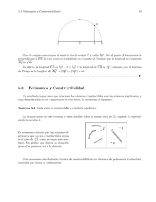 5.3 Polinomios y Constructibilidad 59
0 C A B
Q
Con el comp´as construimos el semic´ırculo de centro C y radio a+b
2 . Por el punto A levantamos la
perpendicular a OB, la cual corta al semic´ırculo en el punto Q. Veamos que la longitud del segmento
AQ es
√
ab.
En efecto, la longitud CA es a+b
2 − b = a−b
2 y la longitud de CQ es a+b
2 , entonces por el teorema
de Pit´agoras la longitud de AQ
2
= (a+b
2 ) − (a−b
2 ) = ab.
. . . . . . . . . . . . . . . . . . . . . . . . . . . . . . . . . . . . . . . . . . . . . . . . . . . . . . . . . . . . . . . . . . . . . . . . . . . . . . . . . . . . . . . . . . . . . .
5.3. Polinomios y Constructibilidad
Un resultado importante que relaciona los n´umeros constructibles con los n´umeros algebraicos, y
cuya demostraci´on no es competencia de este texto, lo constituye el siguiente:
Teorema 5.2 Cada n´umero constructible es tambi´en algebraico.
La demostraci´on de este teorema y otros detalles sobre el mismo esta en [5], cap´ıtulo 5, especial-
mente la secci´on 4.
Es interesante se˜nalar que hay n´umeros al-
gebraicos que no son constructibles como
es el caso de 3
√
2, como veremos m´as ade-
lante. Un gr´aﬁco que ilustra la situaci´on
general lo podemos ver a la derecha.
Trascendentes
e
p
Algebraicos
Constru
ctibles
Racionales
3
2
Continuaremos estableciendo criterios de constructibilidad en t´erminos de polinomios irreducibles,
concepto que damos a continuaci´on.
 