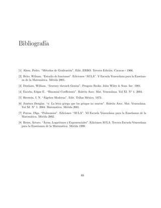 Bibliograf´ıa
[1] Alson, Pedro. “M´etodos de Graﬁcaci´on”. Edit. ERRO. Tercera Edici´on. Caracas - 1966.
[2] Brito, Wilman. “Estudio de funciones”. Ediciones “AULA”. V Escuela Venezolana para la Ense˜nan-
za de la Matem´atica. M´erida 2001.
[3] Dunham, William. “Journey throuch Genius”. Penguin Books. John Wiley & Sons. Inc. 1991.
[4] Enochs, Edgar E.. “Binomial Coeﬃcients”. Boletin Asoc. Mat. Venezolana. Vol XI. N◦ 1. 2004.
[5] Herstein, I. N. “´Algebra Moderna”. Edit. Trillas M´exico. 1973.
[6] Jim´enez Douglas. “π: La letra griega que los griegos no usaron”. Boletin Asoc. Mat. Venezolana.
Vol XI. N◦ 1. 2004. Matem´atica. M´erida 2001.
[7] Porras, Olga. “Polinomios”. Ediciones “AULA”. VI Escuela Venezolana para la Ense˜nanza de la
Matem´atica. M´erida 2002.
[8] Reyes, Arturo. “´Areas, Logaritmos y Exponenciales”. Ediciones AULA. Tercera Escuela Venezolana
para la Ense˜nanza de la Matem´atica. M´erida 1999.
69
 