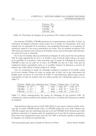 CAPÍTULO 7.        ESTUDIO SOBRE LOS ACEROS TRATADOS
102                                                                       SUPERFICIALMENTE



                                           Probeta    W%
                                           C50-030      60
                                           C50-060      7
                                           C50-120      234


  Tabla 7.6: Porcentaje de desgaste de las probetas C50- relativo al del material base.



      Las sesiones C50-030 y C50-060 muestran un comportamiento predecible, es decir, la
resistencia al desgaste aumenta cuanto mayor sea el tiempo de tratamiento. Esto está
causado por la expansión de la austenita, cuya propiedad interesante es su aumento de
resistencia respecto a los aceros austeníticos sin tratar. Pero al estudiar la probeta C50-
120 vemos que muestra una resistencia al desgaste menor que la del propio material base,
en contra de lo que se esperaba.

      En el caso de estudiar ahora la resistencia al desgaste de cada una de las tres probetas
C80- la carga aplicada fue de    10   N y se incidió a unos    9   mm de radio respecto al centro
de la supercie de la probeta. Cabe mencionar que el ensayo de tribología de la probeta
C80-030 se hizo con un radio de       11   mm y la C80-060 con uno de            5   mm. Para que las
condiciones fuesen equivalentes entre sí, se modicó entonces la distancia a recorrer de
manera que todas dieran el mismo número de vueltas.

      Una vez terminada la sesión de tribología medimos la anchura de la huella creada
en el acero tratado. Hemos de tener en cuenta que la lente con la que observamos las
huellas posee un factor de corrección de       0,893,   el cual deberemos aplicar para conocer
exactamente el valor de anchura real. Los valores medios de 5 mediciones aparecen en la
tabla 7.7.



         Probeta    Radio (m)    Distancia (m)       Vueltas   Anchura (m)           S (m3 /m)
                           −3                                          −3
         C80-030     11 · 10            610           8842         0,60 · 10         0,36 · 10−8
         C80-060      5 · 10−3          278           8842         0,59 · 10−3       0,34 · 10−8
         C80-120      9 · 10−3          500           8842         0,46 · 10−3       0,16 · 10−8

Tabla 7.7: Datos experimentales del ensayo de tribología de las probetas C80-. Se
consignan los valores medidos de la anchura del surco y el cálculo del volumen por unidad
de longitud.



      Aquí podemos observar que la sesión C80-120 fue la que menos volumen perdió, mien-
tras que la sesión C80-060 perdió más y la C80-030 perdió dos veces más volumen que
C80-120, aunque solo dos centésimas más que en el caso C80-060. Es de destacar que todas
perdieron material en el mismo orden de magnitud, por lo que fue de manera progresiva.
Para tener una comparación mejor entre las tres C80- es necesario calcular el porcentaje
de desgaste con relación al material base.


Tesis presentada para optar al grado de Doctor en Física                     Javier García Molleja
 