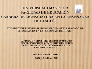 UNIVERSIDAD MAGISTER
FACULTAD DE EDUCACIÓN
CARRERA DE LICENCIATURA EN LA ENSEÑANZA
DEL INGLÉS
TESIS DE SEMINARIO DE GRADUACIÓN PARA OPTAR AL GRADO DE
LICENCIATURA EN LA ENSEÑANZA DEL INGLÉS
A STUDY OF BRAIN PROCESSING MODEL TO
DEVELOP READING COMPREHENSION SKILL
ON 11th GRADERS AT LICEO NOCTURNO DE
CIUDAD COLÓN, 2017
VIVIANA MENA CAMPOS
SAN JOSÉ, Enero 2018
 