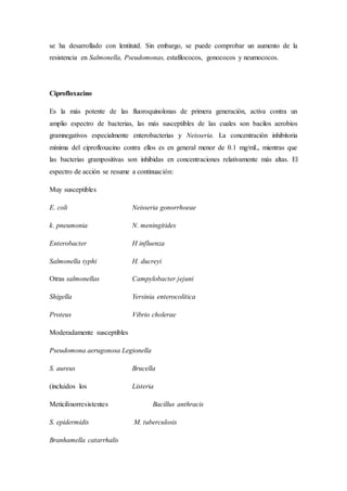se ha desarrollado con lentitutd. Sin embargo, se puede comprobar un aumento de la
resistencia en Salmonella, Pseudomonas, estafilococos, gonococos y neumococos.
Ciprofloxacino
Es la más potente de las fluoroquinolonas de primera generación, activa contra un
amplio espectro de bacterias, las más susceptibles de las cuales son bacilos aerobios
gramnegativos especialmente enterobacterias y Neisseria. La concentración inhibitoria
mínima del ciprofloxacino contra ellos es en general menor de 0.1 mg/mL, mientras que
las bacterias grampositivas son inhibidas en concentraciones relativamente más altas. El
espectro de acción se resume a continuación:
Muy susceptibles
E. coli Neisseria gonorrhoeae
k. pneumonia N. meningitides
Enterobacter H influenza
Salmonella typhi H. ducreyi
Otras salmonellas Campylobacter jejuni
Shigella Yersinia enterocolitica
Proteus Vibrio cholerae
Moderadamente susceptibles
Pseudomona aerugonosa Legionella
S. aureus Brucella
(incluidos los Listeria
Meticilinorresistentes Bacillus anthracis
S. epidermidis M. tuberculosis
Branhamella catarrhalis
 