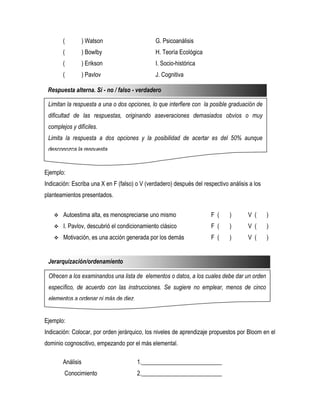 (          ) Watson                    G. Psicoanálisis
        (          ) Bowlby                    H. Teoría Ecológica
        (          ) Erikson                   I. Socio-histórica
        (          ) Pavlov                    J. Cognitiva

 Respuesta alterna. Sí - no / falso - verdadero

 Limitan la respuesta a una o dos opciones, lo que interfiere con la posible graduación de
 dificultad de las respuestas, originando aseveraciones demasiados obvios o muy
 complejos y difíciles.
 Limita la respuesta a dos opciones y la posibilidad de acertar es del 50% aunque
 desconozca la respuesta.


Ejemplo:
Indicación: Escriba una X en F (falso) o V (verdadero) después del respectivo análisis a los
planteamientos presentados.


       Autoestima alta, es menospreciarse uno mismo                  F (     )       V (      )
       I. Pavlov, descubrió el condicionamiento clásico              F (     )       V (      )
       Motivación, es una acción generada por los demás              F (     )       V (      )


 Jerarquización/ordenamiento

 Ofrecen a los examinandos una lista de elementos o datos, a los cuales debe dar un orden
 específico, de acuerdo con las instrucciones. Se sugiere no emplear, menos de cinco
 elementos a ordenar ni más de diez.


Ejemplo:
Indicación: Colocar, por orden jerárquico, los niveles de aprendizaje propuestos por Bloom en el
dominio cognoscitivo, empezando por el más elemental.

        Análisis                       1.___________________________
        Conocimiento                   2.___________________________
 