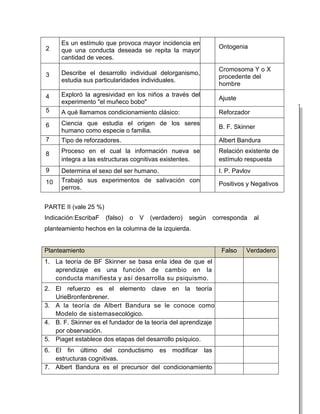 Es un estímulo que provoca mayor incidencia en
2                                                                Ontogenia
     que una conducta deseada se repita la mayor
     cantidad de veces.
                                                                 Cromosoma Y o X
3    Describe el desarrollo individual delorganismo,
                                                                 procedente del
     estudia sus particularidades individuales.
                                                                 hombre

4    Exploró la agresividad en los niños a través del
                                                                 Ajuste
     experimento "el muñeco bobo"
5    A qué llamamos condicionamiento clásico:                    Reforzador

6    Ciencia que estudia el origen de los seres
                                                                 B. F. Skinner
     humano como especie o familia.
7    Tipo de reforzadores.                                       Albert Bandura

8    Proceso en el cual la información nueva se                  Relación existente de
     integra a las estructuras cognitivas existentes.            estímulo respuesta
9    Determina el sexo del ser humano.                           I. P. Pavlov
10   Trabajó sus experimentos de salivación con
                                                                 Positivos y Negativos
     perros.


PARTE II (vale 25 %)
Indicación:EscribaF    (falso)   o   V   (verdadero)   según   corresponda      al
planteamiento hechos en la columna de la izquierda.


Planteamiento                                                     Falso    Verdadero
1. La teoría de BF Skinner se basa enla idea de que el
   aprendizaje es una función de cambio en la
   conducta manifiesta y así desarrolla su psiquismo.
2. El refuerzo es el elemento clave en la teoría
   UrieBronfenbrener.
3. A la teoría de Albert Bandura se le conoce como
   Modelo de sistemasecológico.
4. B. F. Skinner es el fundador de la teoría del aprendizaje
   por observación.
5. Piaget establece dos etapas del desarrollo psíquico.
6. El fin último del conductismo es modificar las
   estructuras cognitivas.
7. Albert Bandura es el precursor del condicionamiento
 