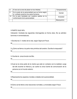 8      El ano es la zona de placer en los infantes                     Temperamento
9      Es la parte de la personalidad que se forma según                  Genital
       el contexto social en los seres humanos.
10     Es la pare heredada por nuestros padres en la                     Ansiedad
       conformación de la personalidad.
                                                                      Masoquismo




    II PARTE VALE 60%
    Indicación: Conteste las siguientes interrogantes en forma clara. No se admiten
    borrones ni enmendaduras.


    1-Escriba los 3 niveles de la vida, según Sigmund Freud.
    R/________________________________________________________________


    2-¿Cómo se llama a la parte más primitiva del cerebro. Escribe la respuesta?
    R/________________________________________________________________


    3- Escribe la única función de Ello.
    R/________________________________________________________________


    4-Cual es la única parte de la mente que está en contacto con la realidad, surge
      del ello durante la infancia y se vuelve la única fuente de comunicación de la
      persona con el mundo exterior.
    R/________________________________________________________________


    5-Representa los aspectos morales e ideales de la personalidad.
    R/________________________________________________________________


    6-Cómo se les llama a las reacciones normales y universales según Freud.
    R/________________________________________________________________
 