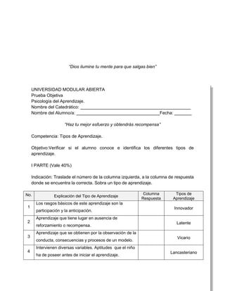 “Dios ilumine tu mente para que salgas bien”




    UNIVERSIDAD MODULAR ABIERTA
    Prueba Objetiva
    Psicología del Aprendizaje.
    Nombre del Catedrático: _____________________________________________
    Nombre del Alumno/a: __________________________________Fecha: _______

                      “Haz tu mejor esfuerzo y obtendrás recompensa”

    Competencia: Tipos de Aprendizaje.

    Objetivo:Verificar si el alumno conoce e identifica los diferentes tipos de
    aprendizaje.

    I PARTE (Vale 40%)

    Indicación: Traslade el número de la columna izquierda, a la columna de respuesta
    donde se encuentra la correcta. Sobra un tipo de aprendizaje.

No.                                                            Columna      Tipos de
                Explicación del Tipo de Aprendizaje
                                                              Respuesta    Aprendizaje
      Los rasgos básicos de este aprendizaje son la
1                                                                          Innovador
      participación y la anticipación.
      Aprendizaje que tiene lugar en ausencia de
2                                                                            Latente
      reforzamiento o recompensa.
      Aprendizaje que se obtienen por la observación de la
3                                                                            Vicario
      conducta, consecuencias y procesos de un modelo.
      Intervienen diversas variables. Aptitudes que el niño
4                                                                         Lancasteriano
      ha de poseer antes de iniciar el aprendizaje.
 
