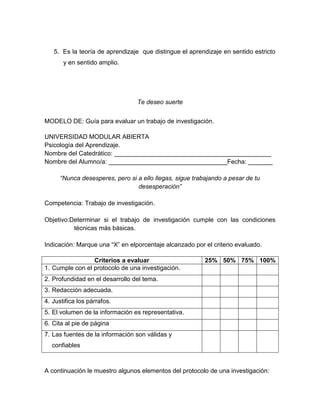 5. Es la teoría de aprendizaje que distingue el aprendizaje en sentido estricto
       y en sentido amplio.




                                 Te deseo suerte


MODELO DE: Guía para evaluar un trabajo de investigación.

UNIVERSIDAD MODULAR ABIERTA
Psicología del Aprendizaje.
Nombre del Catedrático: _____________________________________________
Nombre del Alumno/a: __________________________________Fecha: _______

      “Nunca desesperes, pero si a ello llegas, sigue trabajando a pesar de tu
                                 desesperación”

Competencia: Trabajo de investigación.

Objetivo:Determinar si el trabajo de investigación cumple con las condiciones
          técnicas más básicas.

Indicación: Marque una “X” en elporcentaje alcanzado por el criterio evaluado.

                 Criterios a evaluar                      25% 50% 75% 100%
1. Cumple con el protocolo de una investigación.
2. Profundidad en el desarrollo del tema.
3. Redacción adecuada.
4. Justifica los párrafos.
5. El volumen de la información es representativa.
6. Cita al pie de página
7. Las fuentes de la información son válidas y
  confiables



A continuación le muestro algunos elementos del protocolo de una investigación:
 