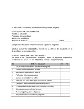 MODELO DE: Instrumento para evaluar una exposición magistral.

UNIVERSIDAD MODULAR ABIERTA
Prueba de actuación
Psicología del Aprendizaje
Nombre del catedrático: ______________________________________________
Nombre del alumno/a: __________________________________Fecha: ________

Competencia:Actuación del alumno en una exposición magistral.

Objetivo: Evaluar las capacidades, habilidades y actitudes del estudiante en el
desarrollo de un tema específico.

Indicación: –vale 0.6666 cada criterio positivo-
En base a las observaciones realizadas, llenar el siguiente instrumento,
escribiendo una “X” en sí o no, indicando si cumple o no con el criterio.

No.                         Criterios a evaluar                 Sí    No
1     Utiliza adecuadamente los recursos tecnológicos.
2     Domina convincentemente el tema.
3     Maneja adecuadamente el público.
4     Profundiza el tema desarrollado.
5     Expresa seguridad en su hablar.
6     Mantiene una adecuada visión visual con el público.
7     Ejemplifica adecuadamente el tema desarrollado.
8     La metodología aplicada permite una fácil compresión.
9     Maneja adecuadamente los tiempos.
10    Permite la participación del público.
11    Responde adecuadamente las preguntas.
 