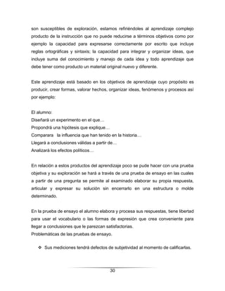 son susceptibles de exploración, estamos refiriéndoles al aprendizaje complejo
producto de la instrucción que no puede reducirse a términos objetivos como por
ejemplo la capacidad para expresarse correctamente por escrito que incluye
reglas ortográficas y sintaxis; la capacidad para integrar y organizar ideas, que
incluye suma del conocimiento y manejo de cada idea y todo aprendizaje que
debe tener como producto un material original nuevo y diferente.


Este aprendizaje está basado en los objetivos de aprendizaje cuyo propósito es
producir, crear formas, valorar hechos, organizar ideas, fenómenos y procesos así
por ejemplo:


El alumno:
Diseñará un experimento en el que…
Propondrá una hipótesis que explique…
Comparara la influencia que han tenido en la historia…
Llegará a conclusiones válidas a partir de…
Analizará los efectos políticos…


En relación a estos productos del aprendizaje poco se pude hacer con una prueba
objetiva y su exploración se hará a través de una prueba de ensayo en las cuales
a partir de una pregunta se permite al examinado elaborar su propia respuesta,
articular y expresar su solución sin encerrarlo en una estructura o molde
determinado.


En la prueba de ensayo el alumno elabora y procesa sus respuestas, tiene libertad
para usar el vocabulario o las formas de expresión que crea conveniente para
llegar a conclusiones que le parezcan satisfactorias.
Problemáticas de las pruebas de ensayo.


    Sus mediciones tendrá defectos de subjetividad al momento de calificarlas.




                                        30
 