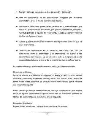  Tiempo y esfuerzo excesivo en la fase de revisión y calificación.


    Falta de consistencia en las calificaciones otorgadas por diferentes
      examinadores o por el mismo en momentos distintos.


    Interferencia de factores que no deben participar en la evaluación pero que
      alteran su apreciación del rendimiento, por ejemplo presentación, ortografía,
      pulcritud, pobreza o riqueza de vocabulario, contacto personal y relación
      afectiva con los examinados.


    Pueden quedar fuera muchos contenidos tan importantes como los que se
      están examinando.


    Desviaciones involuntarias en el desarrollo del trabajo por falta de
      coincidencia entre el examinador y el examinando en cuanto a los
      argumentos a ser tratados. No se sabe si se debe a la ignorancia o a la
      incapacidad del alumno o si no le dio la importancia que el profesor quería.


La prueba del ensayo puede ser de respuesta restringida, libre o ampliada.


Respuesta restringida.
Se tiende a limitar y reglamentar la respuesta por lo que si bien conceden libertad
al alumno para crear y elaborar dichas respuestas, esta libertad no es tan amplia
como en las típicas preguntas de ensayo y queda condicionada por la limitante
que impone la pregunta.


Como desventaja de este procedimiento es restringir su originalidad que puedan
limitar en algunos casos tanto así que se invalidaran las mediciones por falta de
libertad del examinado para construir su propia respuesta.


Respuesta Restringida:
Impone límites estrictos en cuanto a la respuesta que debe darse.


                                        31
 
