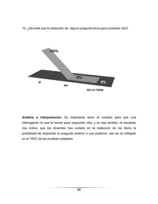 10. ¿Se evita que la redacción de alguna pregunta sirva para contestar otra?




                   100%




                                       0%
           SÍ                                           0%
                              NO
                                              NO LO TIENE




Análisis e interpretación: Es importante tener el cuidado para que una
interrogante no sea la fuente para responder otra, y en ese sentido, el resultado
nos indica, que los docentes han evitado en la redacción de los ítems la
posibilidad de responder la pregunta anterior o una posterior, eso se ve reflejado
en el 100% de las pruebas cotejadas.




                                       86
 