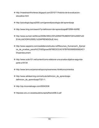  http://maestrasinfronteras.blogspot.com/2010/11/historia-de-la-evaluacion-
  educativa.html


 http://psicologia.laguia2000.com/general/psicologia-del-aprendizaje


 http://www.bing.com/search?q=definicion+de+aprendizaje&FORM=AWRE


 http://www.eumed.net/libros/2008b/395/LOS%20INSTRUMENTOS%20DE%20
  EVALUACION%20DEL%20APRENDIZAJE.htm)


 http://www.sappiens.com/castellano/articulos.nsf/Recursos_Humanos/4._Ejempl
  os_de_pruebas_psicol%C3%B3gicas/0679EE2CCA2167B7002569D50062AC1
  0!opendocument


 http://www.suite101.net/content/como-elaborar-una-prueba-objetiva-segunda-
  parte-a18134


 http://www.terra.es/personal/opocnp/examenes.htm#conocimientos


 http://www.wikilearning.com/articulo/definicion_de_aprendizaje-
  definicion_de_aprendizaje/7321-1.


 http://zip.rincondelvago.com/00043536


 httpwww.sre.urv.eswebaulafuturaphpfitxers496-2.pdf




                                       93
 