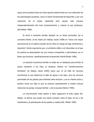 4


apoyo de los padres hacia sus hijos aparece determinado por una valoración de

los aprendizajes escolares, como un factor fundamental de desarrollo, y por una

valoración    de      la   propia   capacidad   para    apoyar     este    proceso

independientemente del nivel socioeconómico y cultural al que pertenece.

(Mc.Allister 1990).


      El clima ó ambiente familiar también es un factor primordial, así lo

considera Rutter, al ser citado por Gladys Jaude (1999) en “hacia una mayor

permanencia en el sistema escolar de los niños en riesgo de bajo rendimiento y

deserción” donde argumenta que: un ambiente cálido y sin discordias, en el que

los padres se desempeñan de una manera competente y estimuladora, es un

factor que favorece significativamente el desarrollo infantil (Rutter 1990).


      La situación económica familiar no debe ser un obstáculo para brindar el

apoyo necesario a los hijos, al respecto, Osborn en” transformaciones

familiares” de Gladys Jaude (2003) opina que no es falta de recursos

económicos lo que determina la falta de apoyo a los hijos, sino los recursos

personales de los padres para enfrentar ésta situación, y es su interés activo y

positivo hacia sus hijos lo que se produce especialmente si existen buenas

relaciones de pareja, el apoyo familiar y de la escuela (Osborn 1990).


      La comunicación entre padres é hijos aseguraría el éxito según Mc.

Allister, al afirmar que existe una fuerte conexión entre el logro de los y las

estudiantes y la participación de los padres y madres (Mc. Allister 1990).
 
