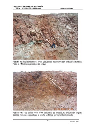 UNIVERSIDA NACIONAL DE INGENIERÍA
  FIGM M - SECCIÓN DE POS GRADO                         Esteban D. Manrique Z.




Foto N° 15: Tajo central nivel 3760. Estructuras de arrastre con ondulación tumbada
hacia el NNE (indica dirección de empuje)




Foto N° 16: Tajo central nivel 3790. Estructura de arrastre. La ondulación engloba
detritos (milonita) producto de la brecha tectónica previamente silicificada.

                                        46
                                                                        Diciembre 2010
 