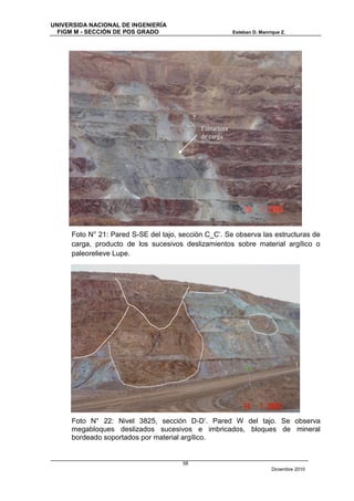 UNIVERSIDA NACIONAL DE INGENIERÍA
  FIGM M - SECCIÓN DE POS GRADO                          Esteban D. Manrique Z.




                                            Estructura
                                            de carga




     Foto N° 21: Pared S-SE del tajo, sección C_C’. Se observa las estructuras de
     carga, producto de los sucesivos deslizamientos sobre material argílico o
     paleorelieve Lupe.




     Foto N° 22: Nivel 3825, sección D-D’. Pared W del tajo. Se observa
     megabloques deslizados sucesivos e imbricados, bloques de mineral
     bordeado soportados por material argílico.


                                       58
                                                                         Diciembre 2010
 