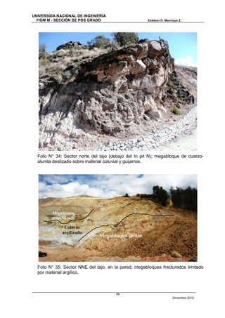 UNIVERSIDA NACIONAL DE INGENIERÍA
  FIGM M - SECCIÓN DE POS GRADO                      Esteban D. Manrique Z.




  Foto N° 34: Sector norte del tajo (debajo del In pit N); megabloque de cuarzo-
  alunita deslizado sobre material coluvial y guijarros.




        Megabloque
        propilitizado

              Coluvio
             argilizado
                              Megabloque cz-aln




  Foto N° 35: Sector NNE del tajo, en la pared, megabloques fracturados limitado
  por material argílico.



                                      69
                                                                     Diciembre 2010
 