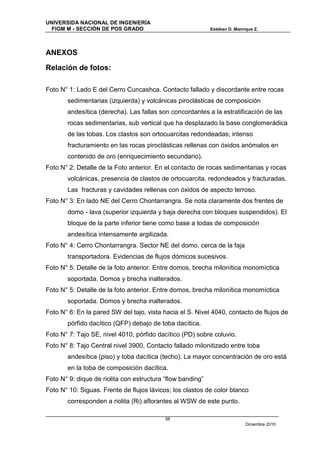 UNIVERSIDA NACIONAL DE INGENIERÍA
  FIGM M - SECCIÓN DE POS GRADO                             Esteban D. Manrique Z.




ANEXOS

Relación de fotos:

Foto N° 1: Lado E del Cerro Cuncashca. Contacto fallado y discordante entre rocas
       sedimentarias (izquierda) y volcánicas piroclásticas de composición
       andesítica (derecha). Las fallas son concordantes a la estratificación de las
       rocas sedimentarias, sub vertical que ha desplazado la base conglomerádica
       de las tobas. Los clastos son ortocuarcitas redondeadas; intenso
       fracturamiento en las rocas piroclásticas rellenas con óxidos anómalos en
       contenido de oro (enriquecimiento secundario).
Foto N° 2: Detalle de la Foto anterior. En el contacto de rocas sedimentarias y rocas
       volcánicas, presencia de clastos de ortocuarcita, redondeados y fracturadas.
       Las fracturas y cavidades rellenas con óxidos de aspecto terroso.
Foto N° 3: En lado NE del Cerro Chontarrangra. Se nota claramente dos frentes de
       domo - lava (superior izquierda y baja derecha con bloques suspendidos). El
       bloque de la parte inferior tiene como base a todas de composición
       andesítica intensamente argilizada.
Foto N° 4: Cerro Chontarrangra. Sector NE del domo, cerca de la faja
       transportadora. Evidencias de flujos dómicos sucesivos.
Foto N° 5: Detalle de la foto anterior. Entre domos, brecha milonítica monomíctica
       soportada. Domos y brecha inalterados.
Foto N° 5: Detalle de la foto anterior. Entre domos, brecha milonítica monomíctica
       soportada. Domos y brecha inalterados.
Foto N° 6: En la pared SW del tajo, vista hacia el S. Nivel 4040, contacto de flujos de
       pórfido dacítico (QFP) debajo de toba dacítica.
Foto N° 7: Tajo SE, nivel 4010, pórfido dacítico (PD) sobre coluvio.
Foto N° 8: Tajo Central nivel 3900, Contacto fallado milonitizado entre toba
       andesítica (piso) y toba dacítica (techo). La mayor concentración de oro está
       en la toba de composición dacítica.
Foto N° 9: dique de riolita con estructura “flow banding”
Foto N° 10: Siguas. Frente de flujos lávicos; los clastos de color blanco
       corresponden a riolita (Ri) aflorantes al WSW de este punto.

                                           88
                                                                            Diciembre 2010
 