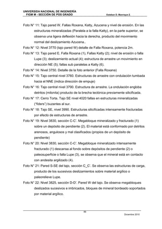 UNIVERSIDA NACIONAL DE INGENIERÍA
  FIGM M - SECCIÓN DE POS GRADO                              Esteban D. Manrique Z.



Foto N° 11: Tajo pared W. Fallas Roxana, Katty, Azucena y nivel de erosión. En las
       estructuras mineralizadas (Paralela a la falla Katty), en la parte superior, se
       observa una ligera deflexión hacia la derecha, producto del movimiento
       normal del deslizamiento Azucena..
Foto N° 12: Nivel 3770 (tajo pared W) detalle de Falla Roxana, potencia 2m.
Foto N° 13: Tajo pared E. Falla Roxana (1), Fallas Katty (2); nivel de erosión o falla
       Lupe (3); deslizamiento actual (4); estructura de arrastre un movimiento en
       dirección NE (5); fallas sub paralelas a Katty (6).
Foto N° 14: Nivel 3750. Detalle de la foto anterior (Falla Roxana)
Foto N° 15: Tajo central nivel 3760. Estructuras de arrastre con ondulación tumbada
       hacia el NNE (indica dirección de empuje)
Foto N° 16: Tajo central nivel 3790. Estructura de arrastre. La ondulación engloba
       detritos (milonita) producto de la brecha tectónica previamente silicificada.
Foto N° 17: Cerro Torta. Tajo SE nivel 4020 fallas en estructuras mineralizadas
       (“fiders”) buzantes al sur.
Foto N° 18: Tajo SE, nivel 3990. Estructuras silicificadas intensamente fracturadas
       por efecto de estructuras de arrastre.
Foto N° 19: Nivel 3830, sección C-C’. Megabloque mineralizado y fracturado (1)
       sobre un depósito de pendiente (2). El material está conformado por detritos
       arenosos, angulosos y mal clasificados (propios de un depósito de
       pendiente)
Foto N° 20: Nivel 3830, sección C-C’. Megabloque mineralizado intensamente
       fracturado (1) descansa al fondo sobre depósitos de pendiente (2) o
       paleosuperficie o falla Lupe (3), se observa que el mineral está en contacto
       con andesita argilizado (4).
Foto N° 21: Pared S-SE del tajo, sección C_C’. Se observa las estructuras de carga,
       producto de los sucesivos deslizamientos sobre material argílico o
       paleorelieve Lupe.
Foto N° 22: Nivel 3825, sección D-D’. Pared W del tajo. Se observa megabloques
       deslizados sucesivos e imbricados, bloques de mineral bordeado soportados
       por material argílico.




                                           89
                                                                             Diciembre 2010
 