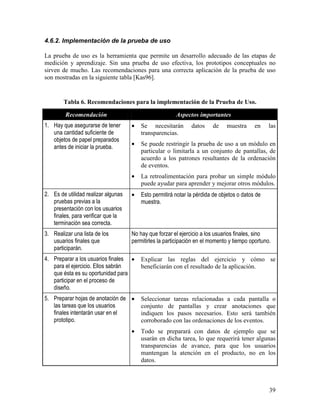 4.6.2. Implementación de la prueba de uso

La prueba de uso es la herramienta que permite un desarrollo adecuado de las etapas de
medición y aprendizaje. Sin una prueba de uso efectiva, los prototipos conceptuales no
sirven de mucho. Las recomendaciones para una correcta aplicación de la prueba de uso
son mostradas en la siguiente tabla [Kas96].


        Tabla 6. Recomendaciones para la implementación de la Prueba de Uso.

         Recomendación                                  Aspectos importantes
1. Hay que asegurarse de tener       •   Se necesitarán        datos    de     muestra     en    las
   una cantidad suficiente de            transparencias.
   objetos de papel preparados
                                     •   Se puede restringir la prueba de uso a un módulo en
   antes de iniciar la prueba.
                                         particular o limitarla a un conjunto de pantallas, de
                                         acuerdo a los patrones resultantes de la ordenación
                                         de eventos.
                                     •   La retroalimentación para probar un simple módulo
                                         puede ayudar para aprender y mejorar otros módulos.
2. Es de utilidad realizar algunas   •   Esto permitirá notar la pérdida de objetos o datos de
   pruebas previas a la                  muestra.
   presentación con los usuarios
   finales, para verificar que la
   terminación sea correcta.
3. Realizar una lista de los         No hay que forzar el ejercicio a los usuarios finales, sino
   usuarios finales que              permitirles la participación en el momento y tiempo oportuno.
   participarán.
4. Preparar a los usuarios finales •     Explicar las reglas del ejercicio y cómo se
   para el ejercicio. Ellos sabrán       beneficiarán con el resultado de la aplicación.
   que ésta es su oportunidad para
   participar en el proceso de
   diseño.
5. Preparar hojas de anotación de •      Seleccionar tareas relacionadas a cada pantalla o
   las tareas que los usuarios           conjunto de pantallas y crear anotaciones que
   finales intentarán usar en el         indiquen los pasos necesarios. Esto será también
   prototipo.                            corroborado con las ordenaciones de los eventos.
                                     •   Todo se preparará con datos de ejemplo que se
                                         usarán en dicha tarea, lo que requerirá tener algunas
                                         transparencias de avance, para que los usuarios
                                         mantengan la atención en el producto, no en los
                                         datos.



                                                                                                 39
 