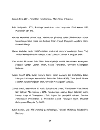 Saedah Siraj. 2001. Pendidikan rumahtangga. Alam Pintar Enterprise.



Rahil Mahyuddin. 2001. Psikologi pendidikan untuk perguruan. Edisi Kedua. PTS
    Publication Sdn Bhd.


Rohaida Mohamad Dhalan.1998. Pendekatan psikologi dalam pembentukan akhlak
    kanak-kanak Islam masa kini. Latihan Ilmiah, Fakulti Usuluddin, Akademi Islam,
    Universiti Malaya.


‟Ulwan, Abdullah Nasih.1998.Pendidikan anak-anak menurut pandangan Islam. Terj.
    Jabatan Kemajuan Islam Malaysia. Kuala Lumpur : Jabatan Kemajuan Islam.


Wan Nazilah Mohamad Zain. 2009. Potensi pelajar autistik berdasarkan kecergasan
    pelbagai Garder, Latihan Ilmiah, Fakulti Pendidikan, Universiti Kebangsaan
    Malaysia.


Yusaini Yusoff. 2012. Sukan menurut Islam : kajian tasawwur dan tingkahlaku dalam
    kalangan kakitangan Kementerian Belia dan Sukan (KBS). Tesis Ijazah Doktor
    Falsafah. Fakulti Pengajian Islam, Universiti Kebangsaan Malaysia.


Zainab Ismail, Badlihisham M. Nasir, Zulkiple Abd. Ghani, Wan Ibrahim Wan Ahmad,
    Nor Salimah Abu Mansor . 2010. Penghayatan agama dalam kalangan orang
    kurang upaya di Terengganu : Satu kajian dari perspektif dakwah, Seminar
    Pemantauan Penyelidikan & Penerbitan Fakulti Pengajian Islam, Universiti
    Kebangsaan Malaysia. Pp: 56-69.


Zulkifli Leman, Drs.1992. Psikologi perkembangan, Penerbit Pt.Remaja Rosdakarya.
    Bandung.


                                          24
 
