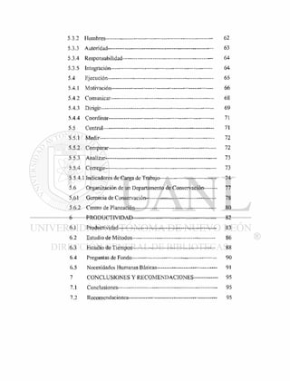 5.3.2 Hombres 62
5.3.3 Autoridad 63
5.3.4 Responsabilidad 64
5.3.5 Integración-- 64
5.4 Ejecución- 65
5.4.1 Motivación — 66
5.4.2 Comunicar — - 68
5.4.3 Dirigir 69
5.4.4 Coordinar - 71
5.5 Control 71
5.5.1 Medir 72
5.5.2 Comparar 72
5.5.3 Analizar— - - 73
5.5.4 Corregir-- 73
5.5.4.1 Indicadores de Carga de Trabajo 74
5.6 Organización de un Departamento de Conservación 77
5,61 Gerencia de Conservación 78
5.6.2 Centro de Planeación - — 80
6 PRODUCTIVIDAD 82
6.1 Productividad 83
6.2 Estudio de Métodos — 86
6.3 Estudio de Tiempos - 88
6.4 Preguntas de Fondo 90
6.5 Necesidades Humanas Básicas 91
7 CONCLUSIONES Y RECOMENDACIONES 95
7.1 Conclusiones 95
7.2 Recomendaciones 95
 