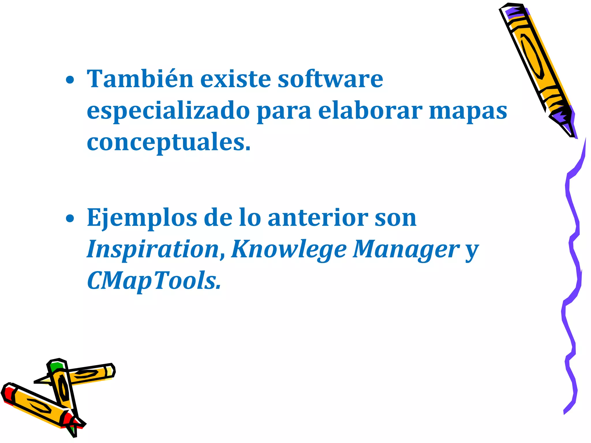  Hojas de papelOtra alternativa es el uso de software.Muchas personas utilizan procesadores de texto o programas de presentaciones, que aunque no están diseñados para elaborar mapas conceptuales, pueden ser empleados en este sentido.