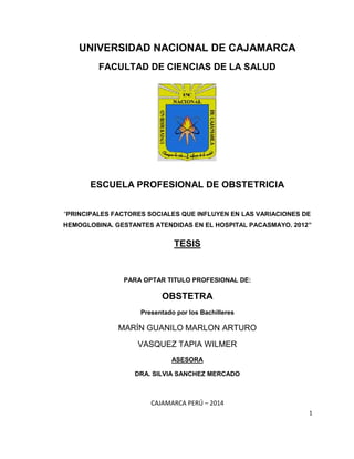 1
UNIVERSIDAD NACIONAL DE CAJAMARCA
FACULTAD DE CIENCIAS DE LA SALUD
ESCUELA PROFESIONAL DE OBSTETRICIA
“PRINCIPALES FACTORES SOCIALES QUE INFLUYEN EN LAS VARIACIONES DE
HEMOGLOBINA. GESTANTES ATENDIDAS EN EL HOSPITAL PACASMAYO. 2012”
TESIS
PARA OPTAR TITULO PROFESIONAL DE:
OBSTETRA
Presentado por los Bachilleres
MARÍN GUANILO MARLON ARTURO
VASQUEZ TAPIA WILMER
ASESORA
DRA. SILVIA SANCHEZ MERCADO
CAJAMARCA PERÚ – 2014
 