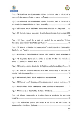 viii
Figura 34 Detalle de las dimensiones a tener en cuenta para el cálculo de la
frecuencia de resonancia de un panel perforado. .............................................61
Figura 35 Detalle de las dimensiones a tener en cuenta para el cálculo de la
frecuencia de resonancia de un panel ranurado................................................62
Figura 36 Sección de un resonador de listones colocado en una pared........64
Figura 37 Coeficientes de absorción de distintos sistemas absorbentes [15].
...................................................................................................................................65
Figura 38 Vista frontal de la sala de control de los estudios “United
Recording Corporation” diseñados por Putnam.................................................68
Figura 39 Sala de grabación de los estudios “United Recording Corporation”
diseñados por Putnam. ..........................................................................................68
Figura 40 Esquema de la forma del recinto y los soportes de los altavoces.69
Figura 41 Diagrama de la relación entre el sonido directo y las reflexiones
en los 1/3 de octava de 800 Hz a 5k Hz.............................................................71
Figura 42 Recomendación de diseño de Rettinger, a) planta, b) perfil.........73
Figura 43 Relación entre el volumen de la sala de control y el volumen del
estudio (sala de grabación)...................................................................................75
Figura 44 Plano en planta de un control Non-Environment. ...........................76
Figura 45 Plano en perfil de dos posibles soluciones de sala de control.......76
Figura 46 Estructura de las paredes de un estudio Non-Environment..........77
Figura 47 Principio de diseño RFZ de Peter D’Antonio. ....................................81
Figura 48 Líneas tangenciales a la circunferencia alrededor del punto de
escucha.....................................................................................................................83
Figura 49 Superficies planas asociadas a las curvas en las cuales se
producen las reflexiones óptimas.........................................................................84
 