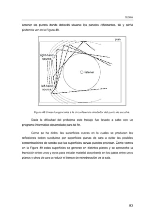 TEORÍA
83
obtener los puntos donde deberán situarse los paneles reflectantes, tal y como
podemos ver en la Figura 48.
Figura 48 Líneas tangenciales a la circunferencia alrededor del punto de escucha.
Dada la dificultad del problema este trabajo fue llevado a cabo con un
programa informático desarrollado para tal fin.
Como se ha dicho, las superficies curvas en la cuales se producen las
reflexiones deben sustituirse por superficies planas de cara a evitar las posibles
concentraciones de sonido que las superficies curvas pueden provocar. Como vemos
en la Figura 49 estas superficies se generan en distintos planos y se aprovecha la
transición entre unos y otros para instalar material absorbente en los pasos entre unos
planos y otros de cara a reducir el tiempo de reverberación de la sala.
 