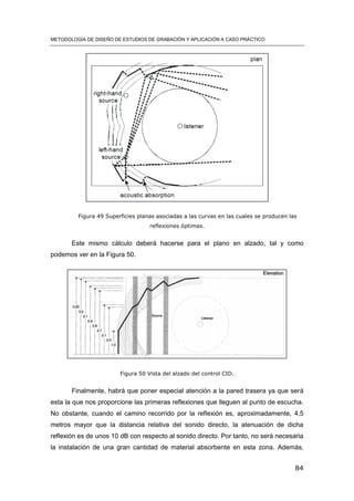 METODOLOGÍA DE DISEÑO DE ESTUDIOS DE GRABACIÓN Y APLICACIÓN A CASO PRÁCTICO
84
Figura 49 Superficies planas asociadas a las curvas en las cuales se producen las
reflexiones óptimas.
Este mismo cálculo deberá hacerse para el plano en alzado, tal y como
podemos ver en la Figura 50.
Figura 50 Vista del alzado del control CID.
Finalmente, habrá que poner especial atención a la pared trasera ya que será
esta la que nos proporcione las primeras reflexiones que lleguen al punto de escucha.
No obstante, cuando el camino recorrido por la reflexión es, aproximadamente, 4,5
metros mayor que la distancia relativa del sonido directo, la atenuación de dicha
reflexión es de unos 10 dB con respecto al sonido directo. Por tanto, no será necesaria
la instalación de una gran cantidad de material absorbente en esta zona. Además,
 