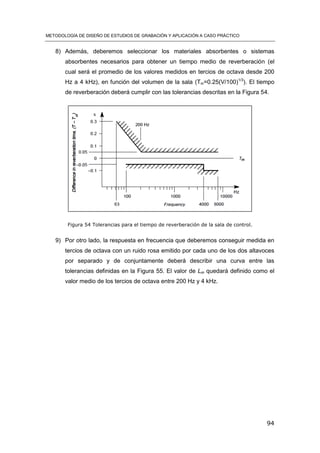 METODOLOGÍA DE DISEÑO DE ESTUDIOS DE GRABACIÓN Y APLICACIÓN A CASO PRÁCTICO
94
8) Además, deberemos seleccionar los materiales absorbentes o sistemas
absorbentes necesarios para obtener un tiempo medio de reverberación (el
cual será el promedio de los valores medidos en tercios de octava desde 200
Hz a 4 kHz), en función del volumen de la sala (Tm=0.25(V/100)1/3
). El tiempo
de reverberación deberá cumplir con las tolerancias descritas en la Figura 54.
Figura 54 Tolerancias para el tiempo de reverberación de la sala de control.
9) Por otro lado, la respuesta en frecuencia que deberemos conseguir medida en
tercios de octava con un ruido rosa emitido por cada uno de los dos altavoces
por separado y de conjuntamente deberá describir una curva entre las
tolerancias definidas en la Figura 55. El valor de Lm quedará definido como el
valor medio de los tercios de octava entre 200 Hz y 4 kHz.
 