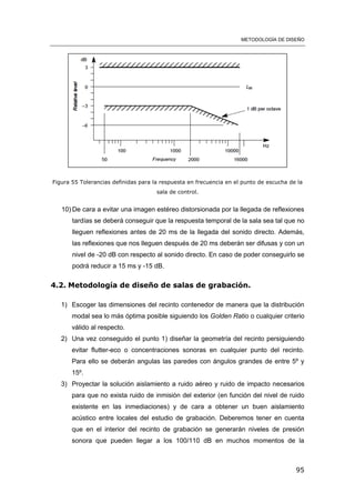 METODOLOGÍA DE DISEÑO
95
Figura 55 Tolerancias definidas para la respuesta en frecuencia en el punto de escucha de la
sala de control.
10) De cara a evitar una imagen estéreo distorsionada por la llegada de reflexiones
tardías se deberá conseguir que la respuesta temporal de la sala sea tal que no
lleguen reflexiones antes de 20 ms de la llegada del sonido directo. Además,
las reflexiones que nos lleguen después de 20 ms deberán ser difusas y con un
nivel de -20 dB con respecto al sonido directo. En caso de poder conseguirlo se
podrá reducir a 15 ms y -15 dB.
4.2. Metodología de diseño de salas de grabación.
1) Escoger las dimensiones del recinto contenedor de manera que la distribución
modal sea lo más óptima posible siguiendo los Golden Ratio o cualquier criterio
válido al respecto.
2) Una vez conseguido el punto 1) diseñar la geometría del recinto persiguiendo
evitar flutter-eco o concentraciones sonoras en cualquier punto del recinto.
Para ello se deberán angulas las paredes con ángulos grandes de entre 5º y
15º.
3) Proyectar la solución aislamiento a ruido aéreo y ruido de impacto necesarios
para que no exista ruido de inmisión del exterior (en función del nivel de ruido
existente en las inmediaciones) y de cara a obtener un buen aislamiento
acústico entre locales del estudio de grabación. Deberemos tener en cuenta
que en el interior del recinto de grabación se generarán niveles de presión
sonora que pueden llegar a los 100/110 dB en muchos momentos de la
 