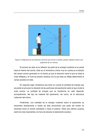 TEORÍA
17
Figura 3 Diagrama de los distintos caminos que toma el sonido cuando impacta contra una
superficie de un recinto.
El primero de ellos es la reflexión de parte de la energía incidente en la pared
hacia el interior del recinto. Este es un fenómeno a tener muy en cuenta en el estudio
del campo sonoro generado en el recinto ya que la dirección hacia la que se dirija la
onda reflejada y el nivel de presión acústica con la que ésta se refleje determinará el
campo acústico en éste.
En segundo lugar, tendremos que tener en cuenta la cantidad de energía que
se pierde al provocar la vibración de las partículas del paramento sobre el que incide la
onda sonora. La cantidad de energía que se transforma en calor depende,
principalmente, del tipo de material del paramento, así como, de la estructura
molecular del mismo.
Finalmente, una cantidad de la energía incidente sobre el paramento se
transmitirá directamente a través de éste provocando que parte del sonido se
transmita hacía el recinto colindante o hacia el exterior. Estos dos últimos sucesos
serán los más importantes a la hora de estudiar el aislamiento acústico.
 